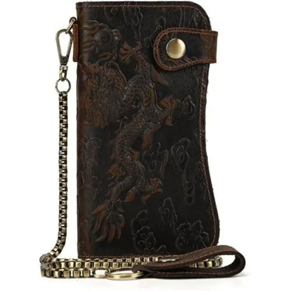 New Men's Genuine Leather Long Wallet Chain Wallet Card holder Wallet